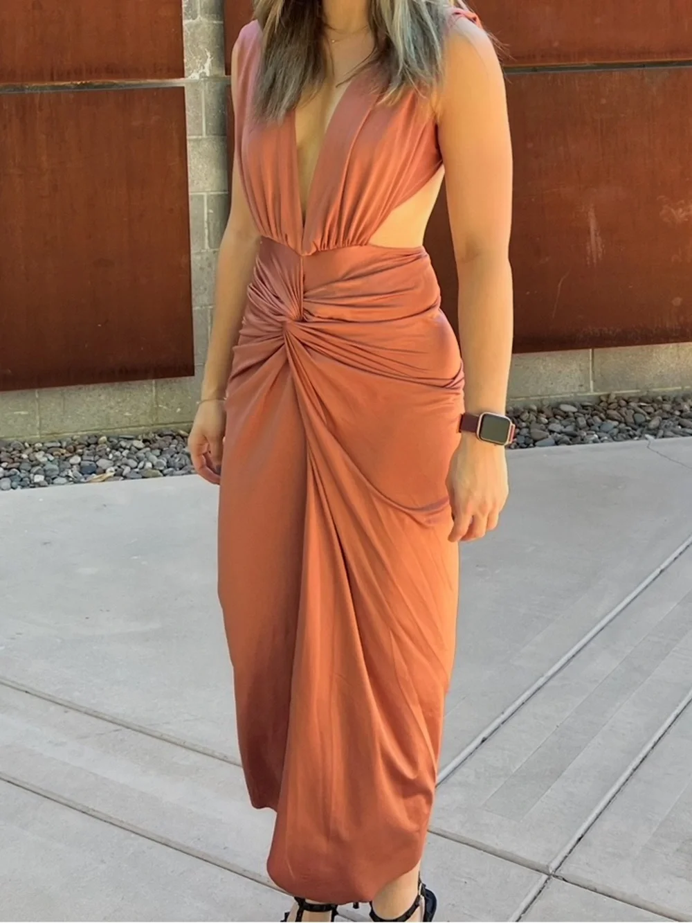 Baobab Rose Rust Draped Knot Maxi Dress